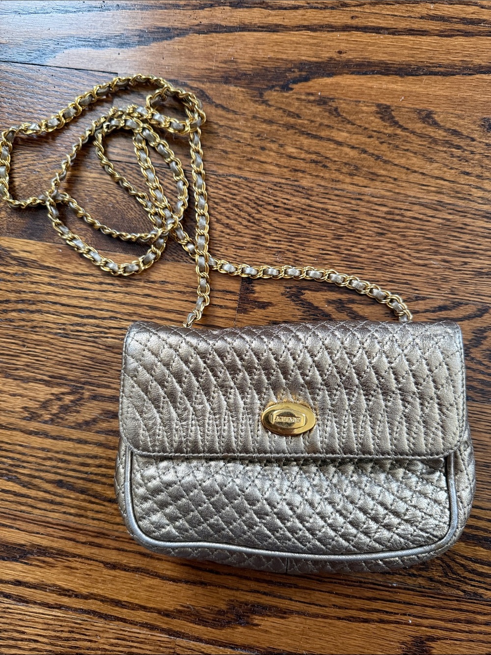 Bally Vintage Quilted Metallic Gold, Champagne Chain Crossbody Bag